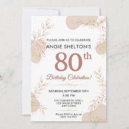 Convite Elegant Rose Gold Botanical 80th Birthday