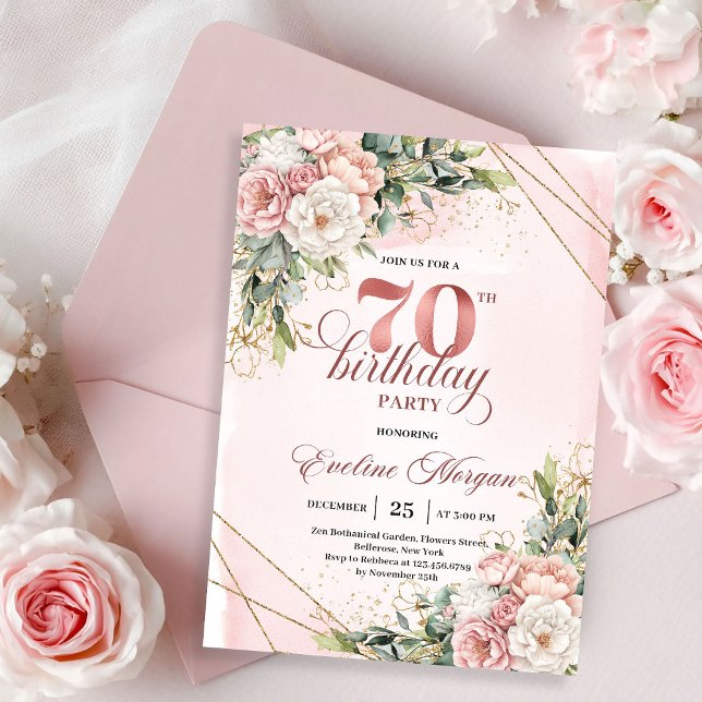 Convite Elegant Rose Gold Dusty Pink Floral 70th Birthday  (Rose gold floral 70th birthday,
editable custom digital invitation,
budget delicate birthday invite )