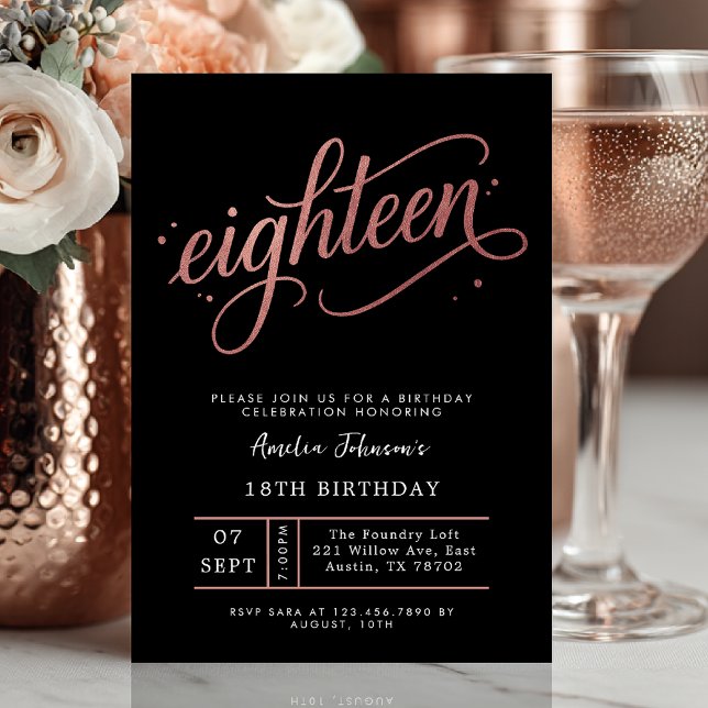 Convite Elegant Rose Gold Eighteen 18th Birthday  (Eighteen and elegant ✨ Celebrate in style with this luxe rose gold and black birthday invite.)