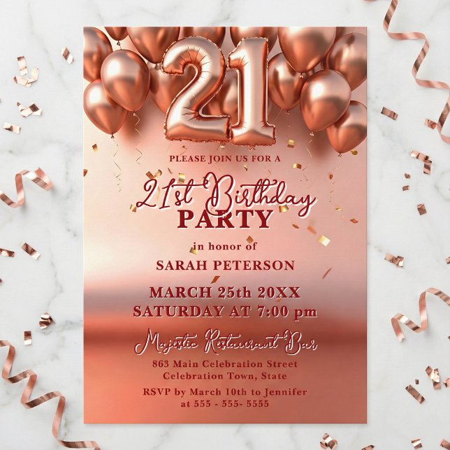 Convite Elegant Rose Gold Faux Foil Balloons 21st Birthday (Criador carregado)