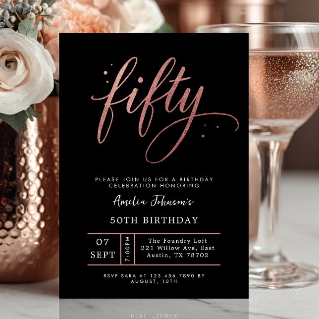 Convite Elegant Rose Gold Fiftieth 50th Birthday Invitatio (Fifty and flawless ✨ Celebrate your milestone with this chic rose gold birthday invite.)