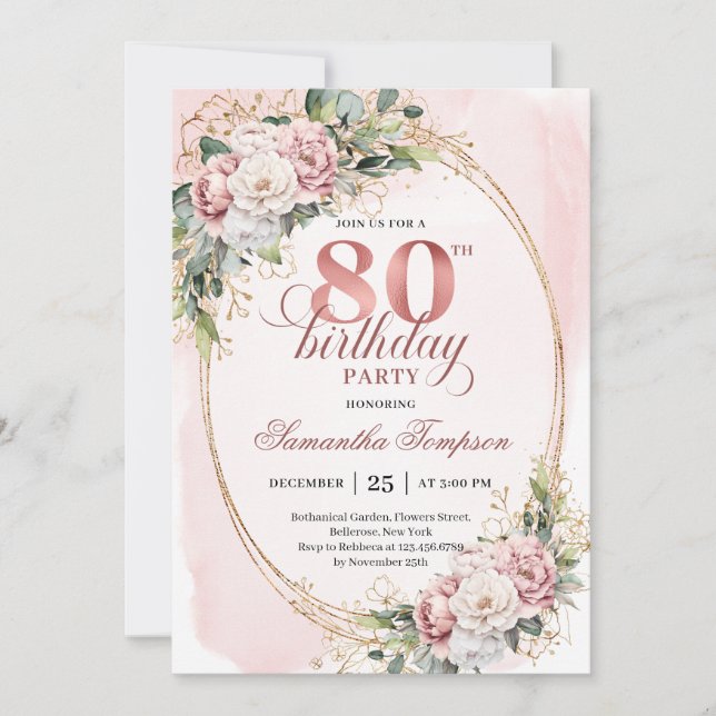 Convite Elegant Rose Gold Floral Eucalyptus 80th Birthday  (Frente)