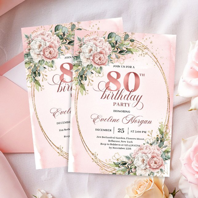 Convite Elegant Rose Gold Floral Eucalyptus 80th Birthday  (Elegant Rose Gold Floral Eucalyptus 80th Birthday Invite)