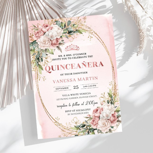 Convite Elegant Rose Gold Floral Eucalyptus Quinceañera   (Elegant Rose Gold Floral Eucalyptus Quinceañera Invitation

)