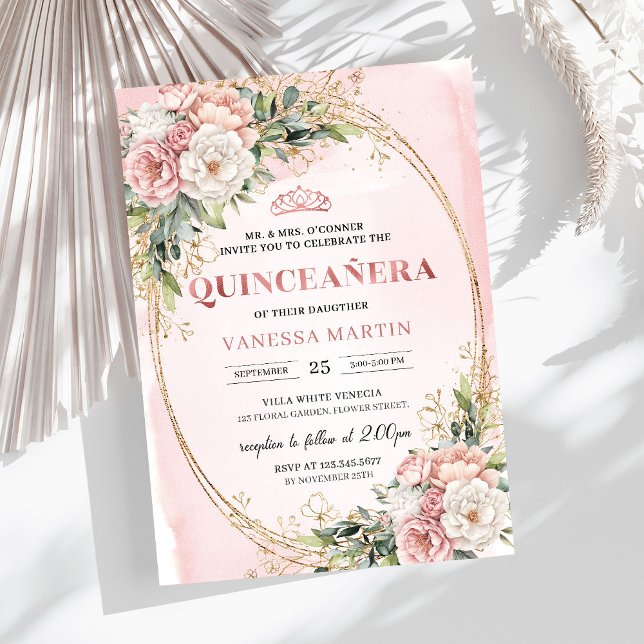 Convite Elegant Rose Gold Floral Eucalyptus Quinceañera  (Elegant Rose Gold Floral Eucalyptus Quinceañera Invitation

)