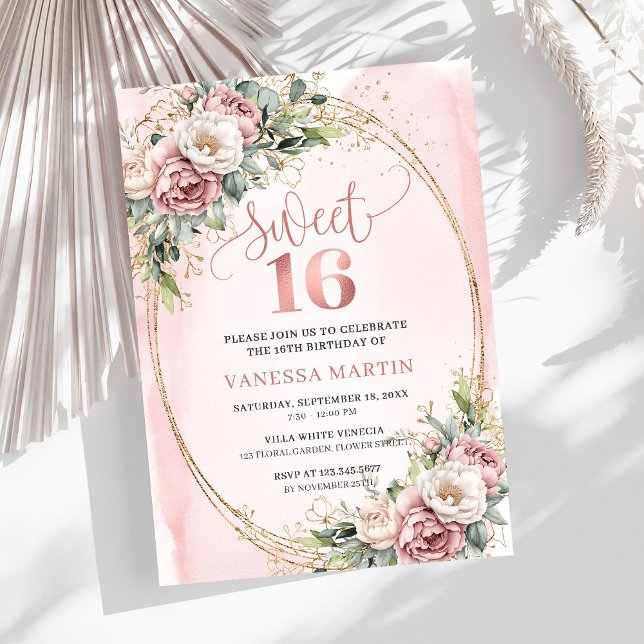 Convite Elegant Rose Gold Floral Eucalyptus Sweet 16 Invit (Elegant Rose Gold Floral Eucalyptus Sweet 16 Invite)