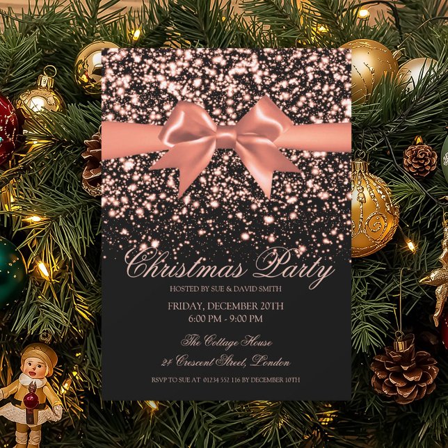 Convite Elegant Rose Gold Glam Red Bow Christmas Party  (Elegant Rose Gold Glam Red Bow Christmas Party Invitation)