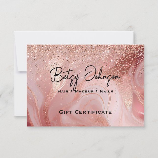 Convite Elegant Rose Gold Glitter Gift Certificate Card (Frente)
