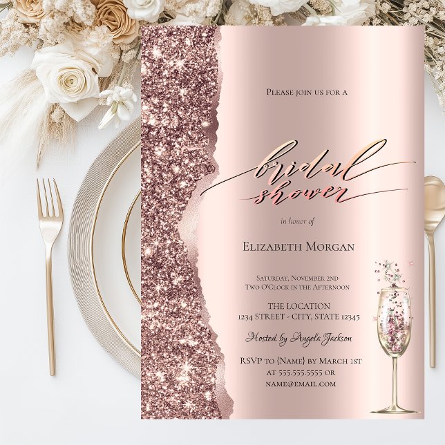 Convite Elegant Rose Gold Glitter Script Champagne (Criador carregado)