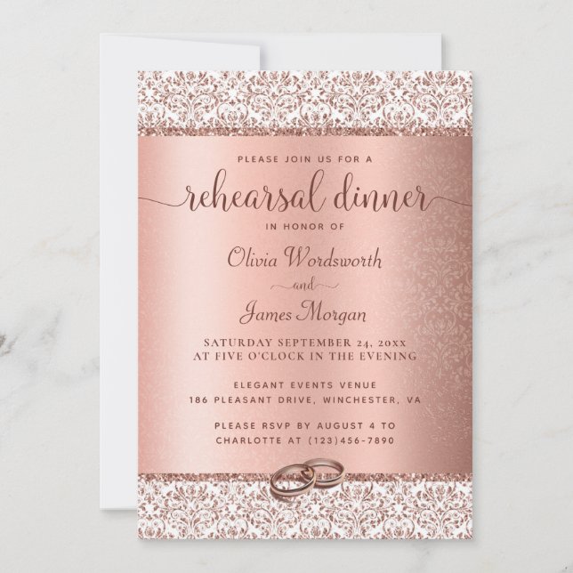 Convite Elegant Rose Gold Glitter Wedding Rehearsal Dinner (Frente)