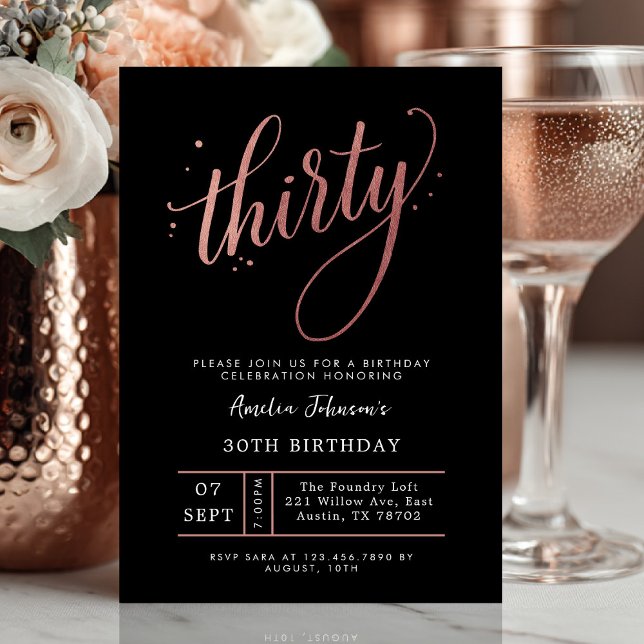 Convite Elegant Rose Gold Thirtieth 30th Birthday (Thirty and thriving ✨ Celebrate in style with this elegant rose gold birthday invite.)