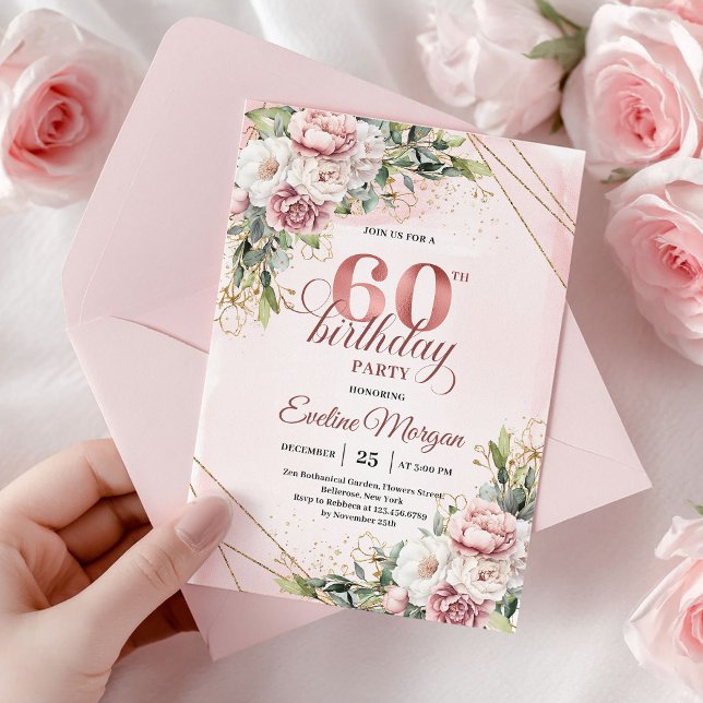 Convite Elegant Rose Gold Watercolor Flowers 60th Birthday (Elegant Rose Gold Watercolor Flowers 60th Birthday)