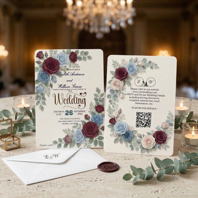 Convite Elegant Rose Modern QR Code Wedding (Criador carregado)
