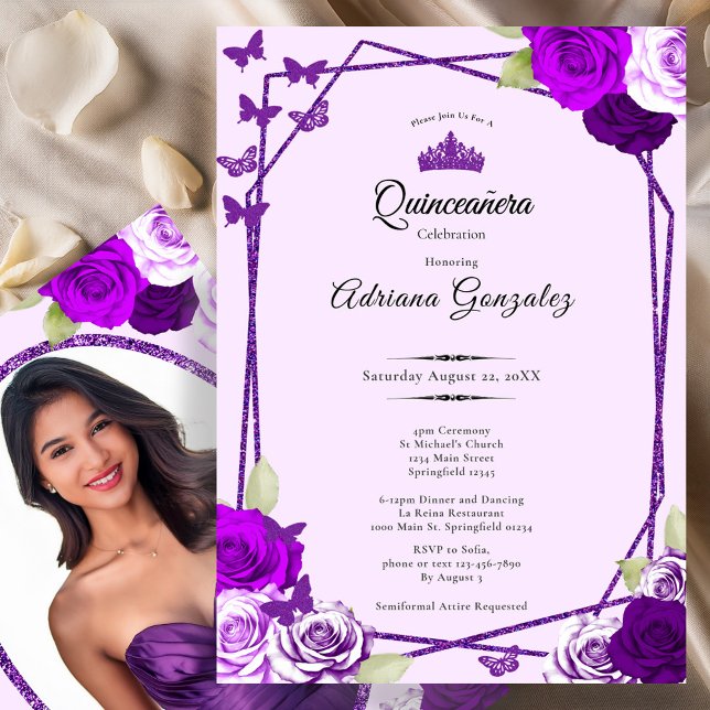 Convite Elegant Roses and Crown Purple Quinceanera  (Criador carregado)