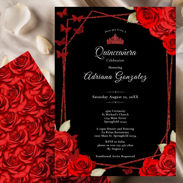 Convite Elegant Roses and Crown Red Quinceanera  (Criador carregado)