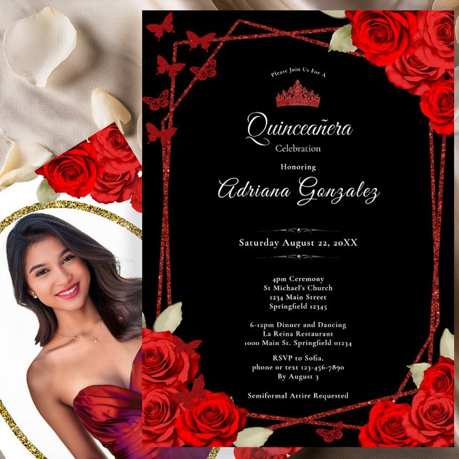 Convite Elegant Roses and Crown Red Quinceanera  (Criador carregado)