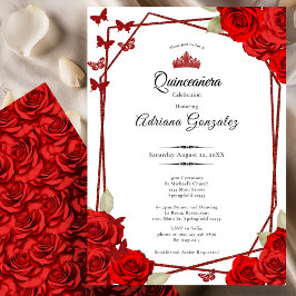 Convite Elegant Roses and Crown Red Quinceanera 