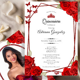 Convite Elegant Roses and Crown Red Quinceanera 