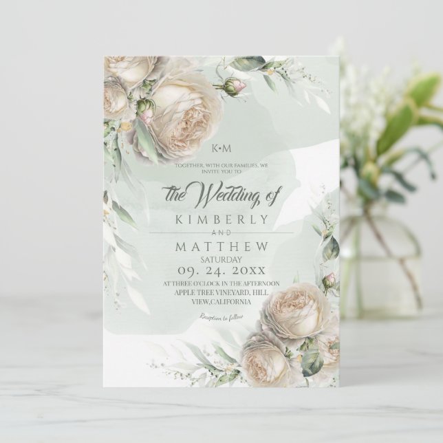 Convite Elegant Roses and Watercolor Sage Rustic Wedding (Em pé/Frente)