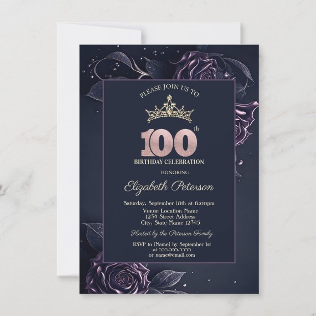 Convite Elegant Roses Dark Gothic 100th Birthday (Frente)