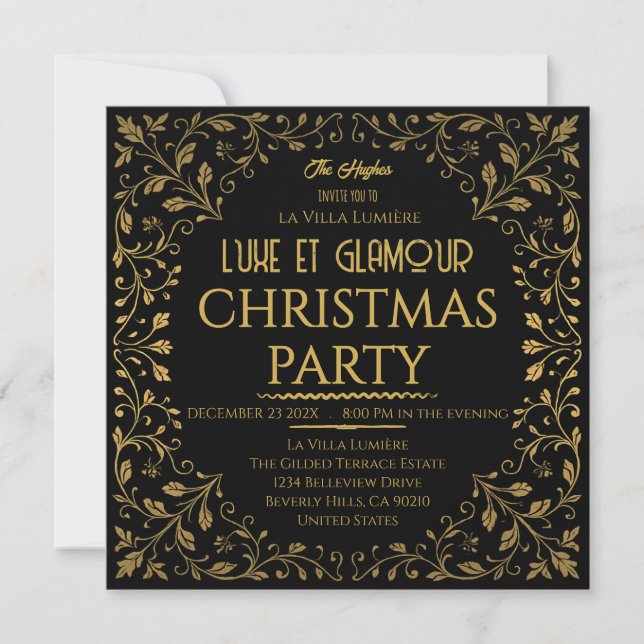 Convite Elegant Royal Black & Gold Christmas Party  (Frente)