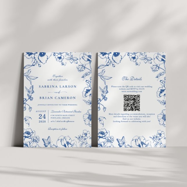 Convite Elegant Royal Blue Floral Garden QR Code Wedding (Criador carregado)