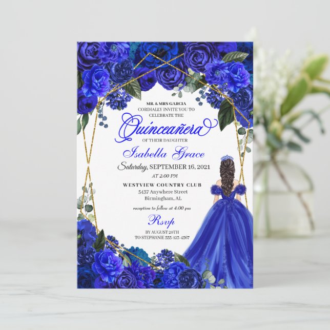Convite Elegant Royal Blue Floral Quinceanera Birthday  (Em pé/Frente)