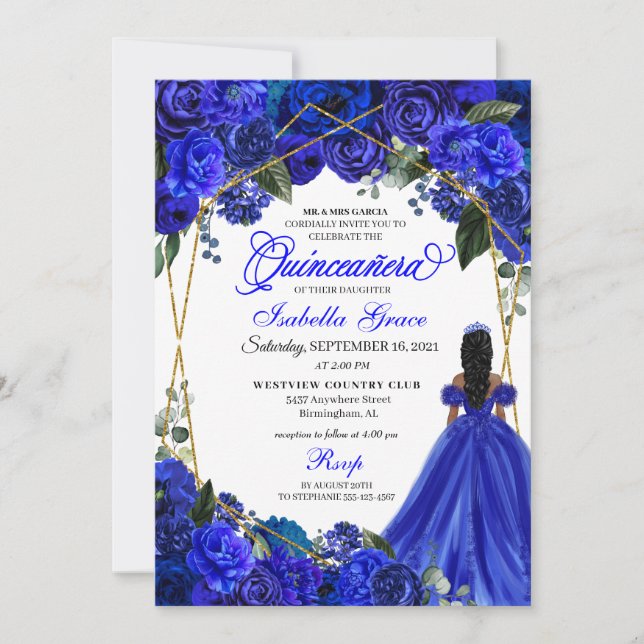 Convite Elegant Royal Blue Floral Quinceanera Birthday (Frente)