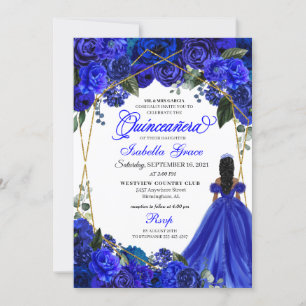 Convite Elegant Royal Blue Floral Quinceanera Birthday