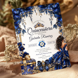 Convite Elegant Royal Blue Golden Tiara Quinceañera
