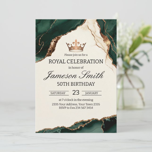 Convite Elegant Royal Celebration Green And Gold Birthday (Em pé/Frente)