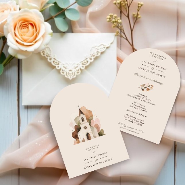 Convite Elegant Rustic Brown Tones Church Wedding Designs (Elegant Rustic Brown Tones Church Illustration Wedding Invitation Card Designs.)