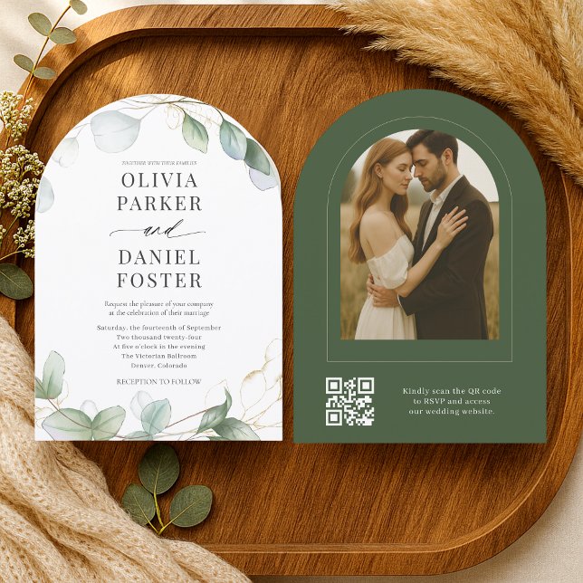 Convite Elegant Rustic Eucalyptus QR Code Photo Wedding (Criador carregado)