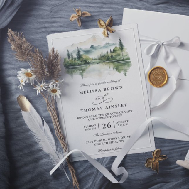 Convite Elegant Rustic Mountain Budget QR Code Wedding (Criador carregado)