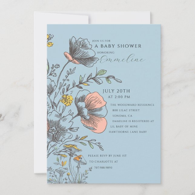 Convite Elegant Rustic Wildflower Blue Baby Shower  (Frente)
