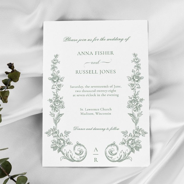 Convite Elegant Sage Baroque Roses Wedding (Criador carregado)