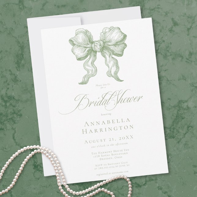 Convite Elegant Sage Bow Toile French Bridal Shower (Elegant Sage Bow Toile French Bridal Shower Invitation)