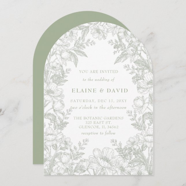 Convite Elegant Sage Chinoiserie Floral Botanical Wedding (Frente/Verso)