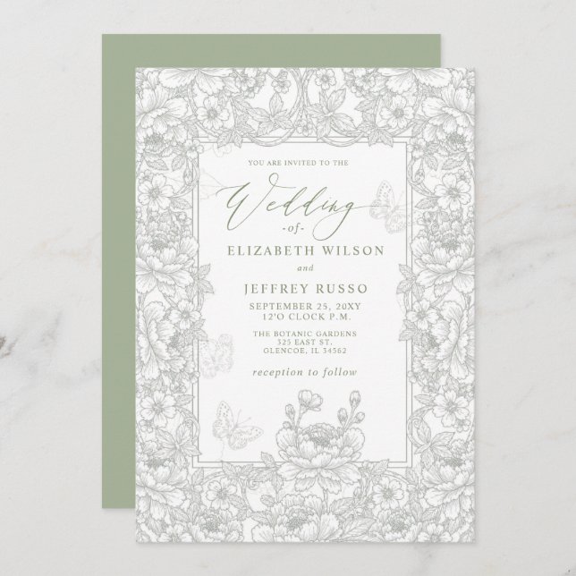 Convite Elegant Sage Chinoiserie Floral Botanical Wedding (Frente/Verso)