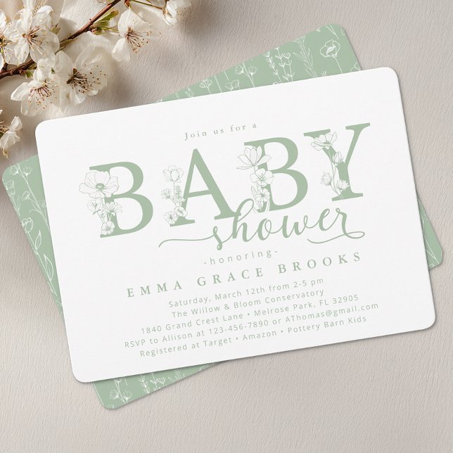 Convite Elegant Sage Floral Baby Shower Typography (Baby Shower Invite)