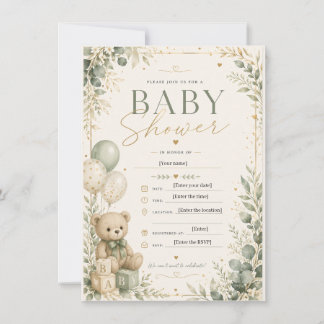 Convite Elegant Sage Green Baby Shower Invitation | Teddy
