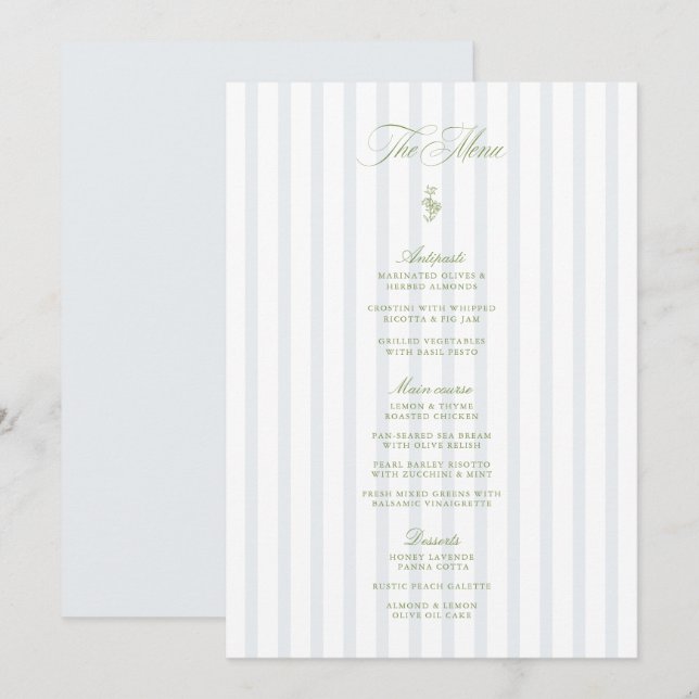 Convite Elegant Sage Green & Blue Striped Wedding Menu (Frente/Verso)