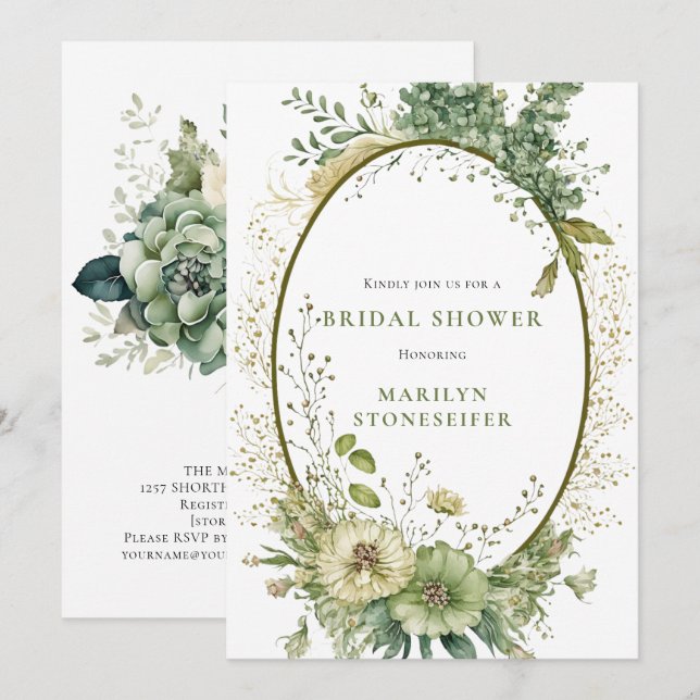 Convite Elegant Sage Green Botanical Bridal Shower | (Frente/Verso)