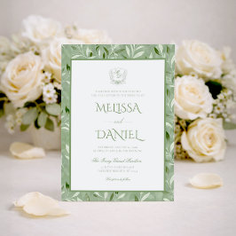 Convite Elegant Sage Green Botanical Crest Wedding