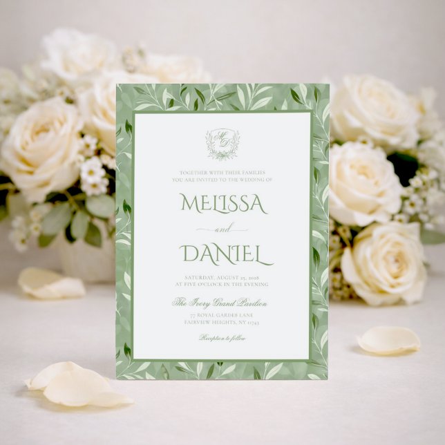 Convite Elegant Sage Green Botanical Crest Wedding (Criador carregado)