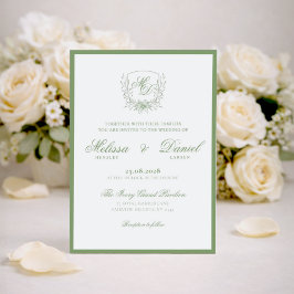 Convite Elegant Sage Green Botanical Crest Wedding