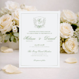 Convite Elegant Sage Green Botanical Crest Wedding