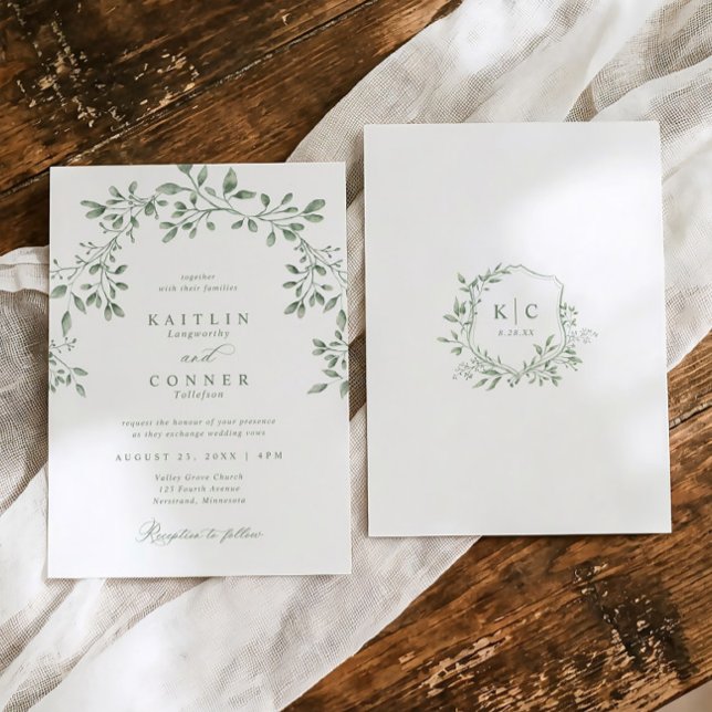 Convite Elegant Sage Green Botanical Garden Wedding (Elegant garden wedding invitation in sage green with watercolor greenery and crest on back)