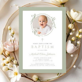 Convite Elegant Sage Green Bow Photo Baptism