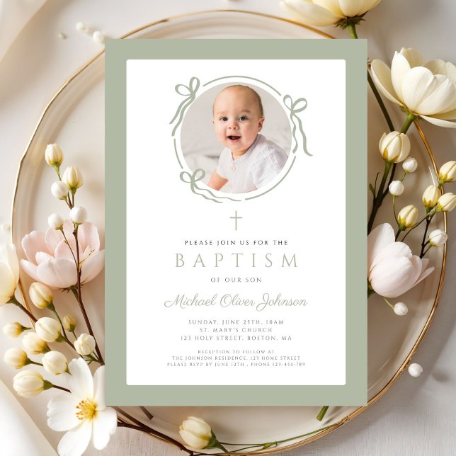 Convite Elegant Sage Green Bow Photo Baptism (Elegant Sage Green Bow Photo Baptism Invitation)